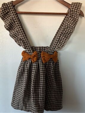 Shein-Girl’s Brown Knit Plaid Overall Dress Stretchy Ruffled Bow Size 6Y